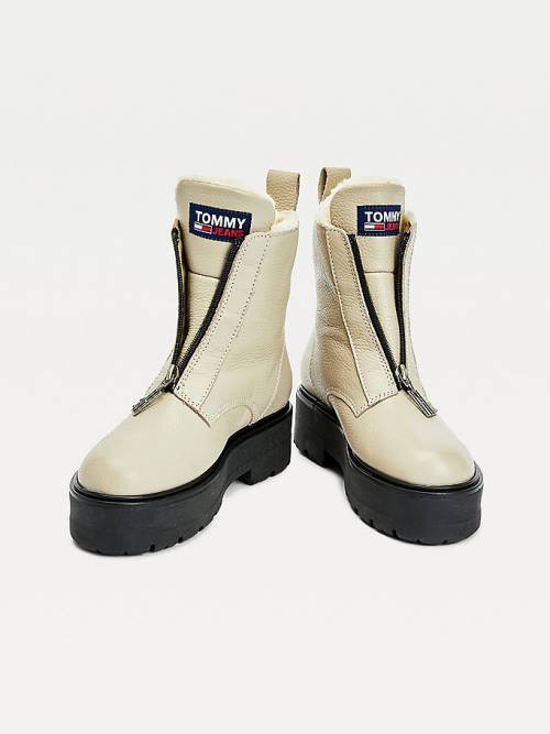 Beige Tommy Hilfiger Warm Lined Zip-Up Cleat Women's Boots | TH982LMI