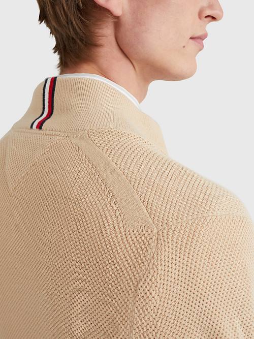 Beige Tommy Hilfiger Zip-Thru High Neck Cardigan Men's Sweaters | TH169WGE