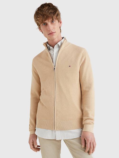 Beige Tommy Hilfiger Zip-Thru High Neck Cardigan Men\'s Sweaters | TH169WGE