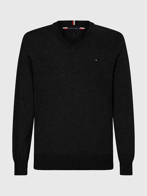 Black Tommy Hilfiger 1985 Essential TH Flex V-Neck Jumper Men\'s Sweaters | TH902JXA