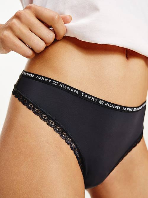 Black Tommy Hilfiger 3-Pack Floral Lace Trim Thongs Women's Underwear | TH351HAP