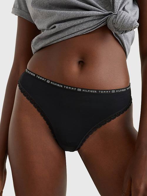 Black Tommy Hilfiger 3-Pack Floral Lace Trim Thongs Women's Underwear | TH540UFX