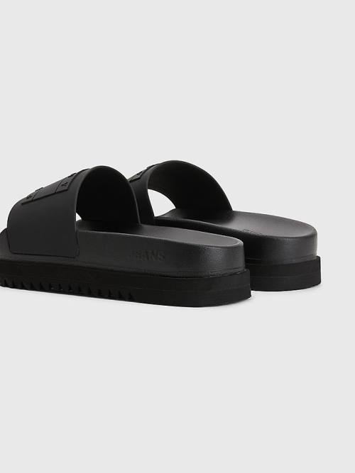 Black Tommy Hilfiger Badge Cleat Flatform Slides Women's Sandals | TH730KSL