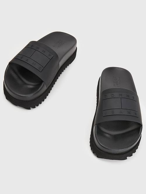 Black Tommy Hilfiger Badge Cleat Flatform Slides Women's Sandals | TH730KSL