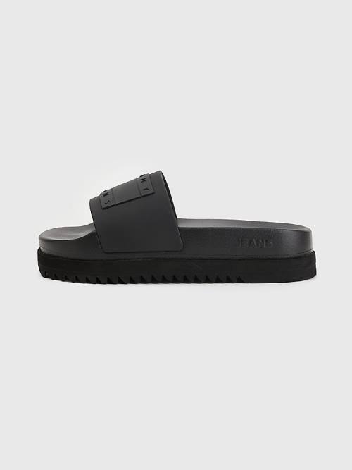 Black Tommy Hilfiger Badge Cleat Flatform Slides Women's Sandals | TH730KSL