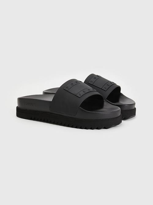 Black Tommy Hilfiger Badge Cleat Flatform Slides Women\'s Sandals | TH730KSL