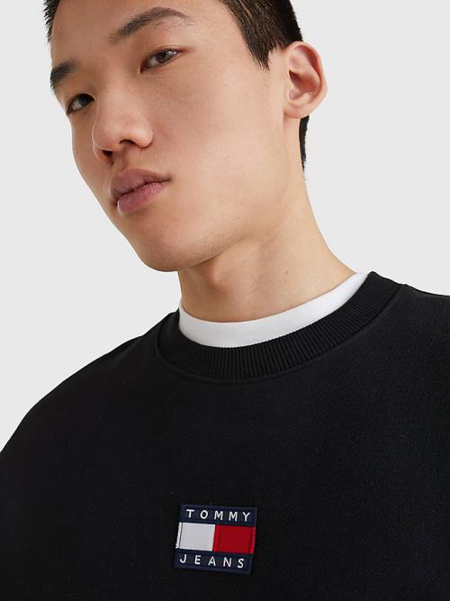 Black Tommy Hilfiger Badge Crew Neck Men's Sweatshirts | TH875OFV