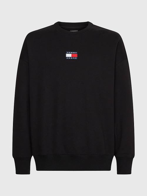 Black Tommy Hilfiger Badge Crew Neck Men's Sweatshirts | TH875OFV