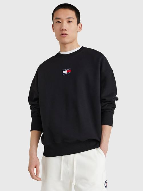 Black Tommy Hilfiger Badge Crew Neck Men\'s Sweatshirts | TH875OFV