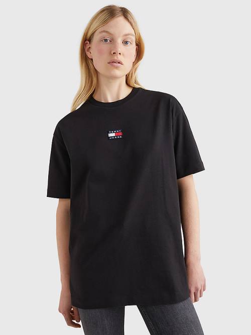 Black Tommy Hilfiger Badge Oversized Fit Women\'s T Shirts | TH012BJZ