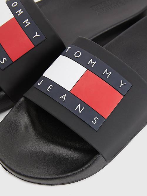 Black Tommy Hilfiger Badge Pool Slides Men's Sandals | TH017HLO