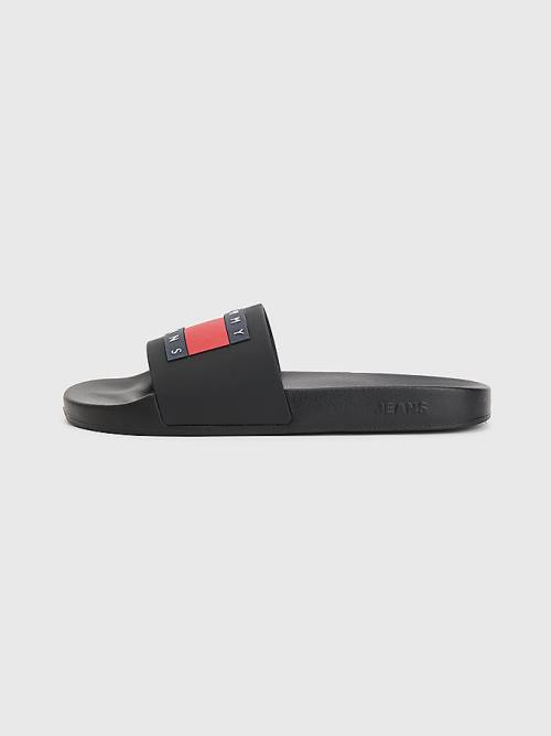 Black Tommy Hilfiger Badge Pool Slides Men's Sandals | TH017HLO