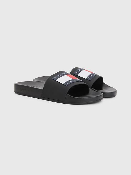 Black Tommy Hilfiger Badge Pool Slides Men\'s Sandals | TH017HLO