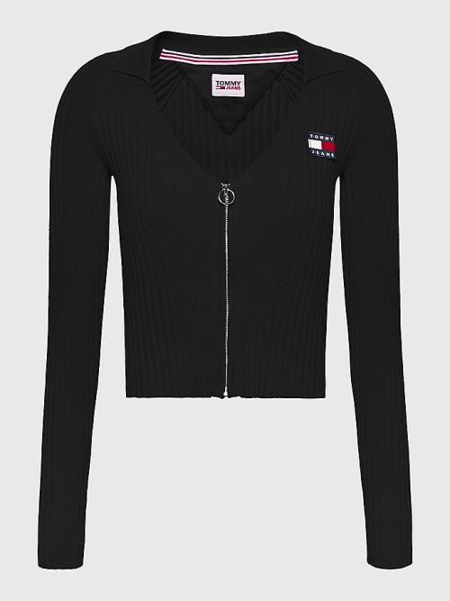 Black Tommy Hilfiger Badge Recycled Zip-Thru Cardigan Women's Sweaters | TH741IYD