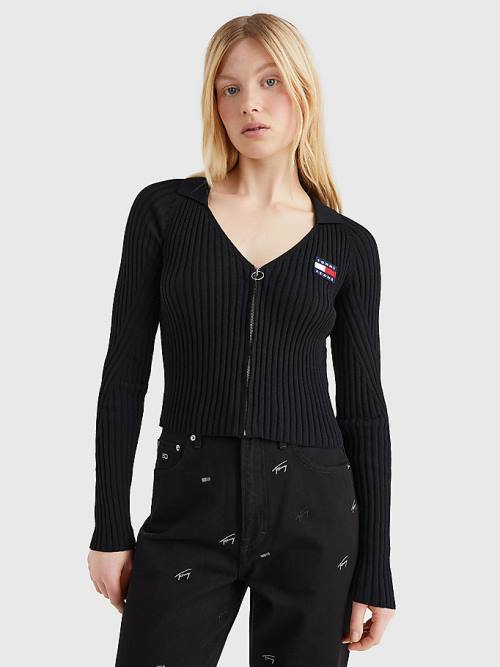 Black Tommy Hilfiger Badge Recycled Zip-Thru Cardigan Women\'s Sweaters | TH741IYD