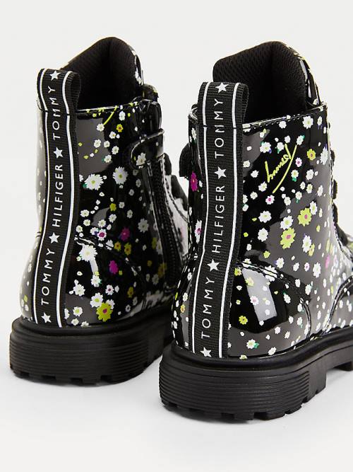 Black Tommy Hilfiger Blossom Print Patent Lace-Up Girls' Boots | TH476PTM