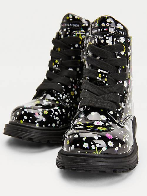 Black Tommy Hilfiger Blossom Print Patent Lace-Up Girls' Boots | TH476PTM