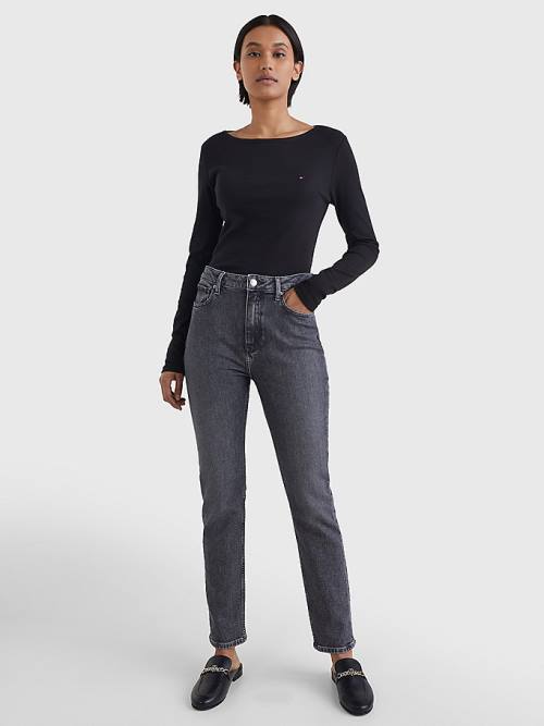 Black Tommy Hilfiger Boat Neck Long Sleeve Skinny Women's T Shirts | TH206KPH