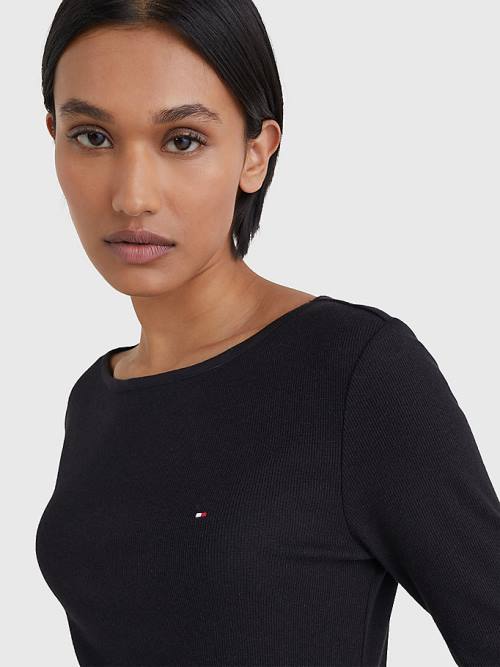 Black Tommy Hilfiger Boat Neck Long Sleeve Skinny Women's T Shirts | TH206KPH