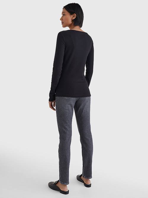 Black Tommy Hilfiger Boat Neck Long Sleeve Skinny Women's T Shirts | TH206KPH