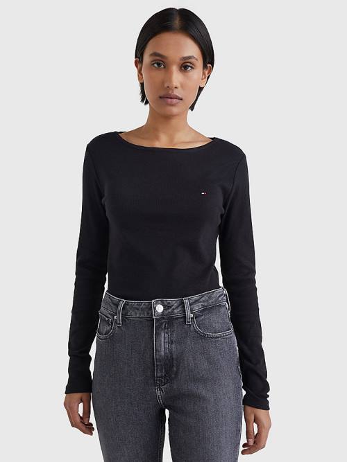 Black Tommy Hilfiger Boat Neck Long Sleeve Skinny Women\'s T Shirts | TH206KPH