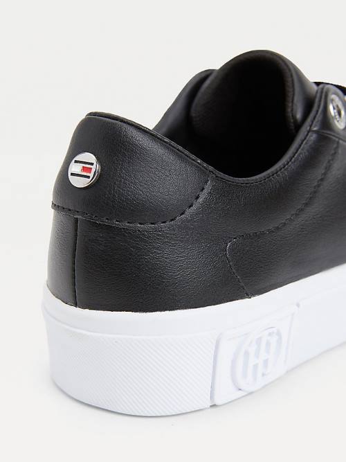 Black Tommy Hilfiger Branded Leather Women's Sneakers | TH813BKN