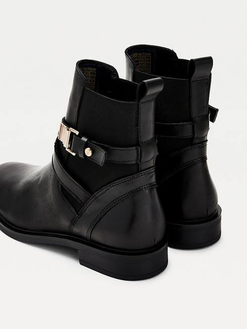 Black Tommy Hilfiger Buckled Leather Ankle Women's Boots | TH549FMJ