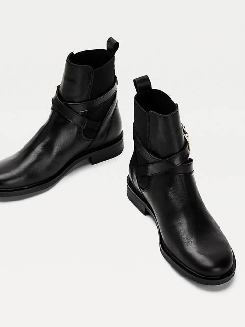 Black Tommy Hilfiger Buckled Leather Ankle Women's Boots | TH549FMJ