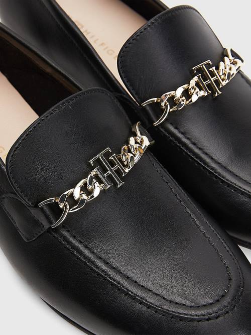 Black Tommy Hilfiger Chain Leather Women's Loafers | TH042TGR