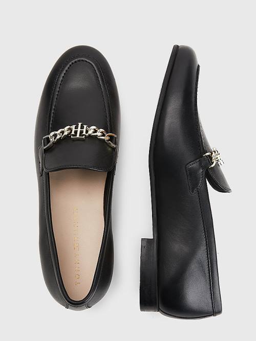 Black Tommy Hilfiger Chain Leather Women's Loafers | TH042TGR