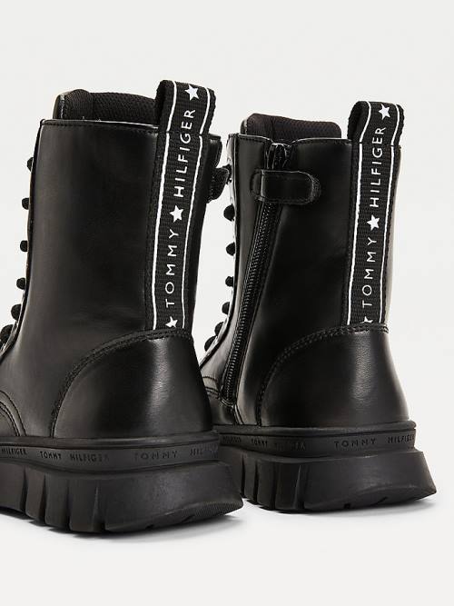 Black Tommy Hilfiger Cleat Lace-Up Logo Tape Booties Girls' Boots | TH123KFW