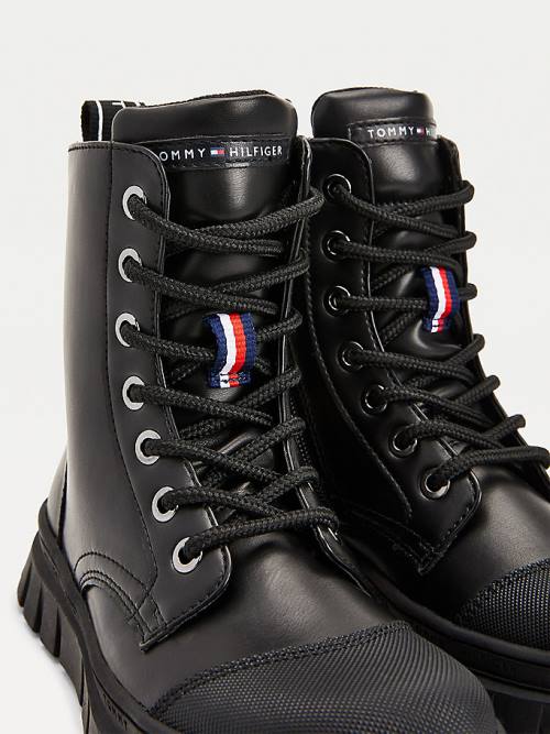 Black Tommy Hilfiger Cleat Lace-Up Logo Tape Booties Girls' Boots | TH123KFW