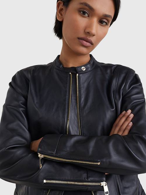 Black Tommy Hilfiger Collarless Leather Women's Jackets | TH842FGR