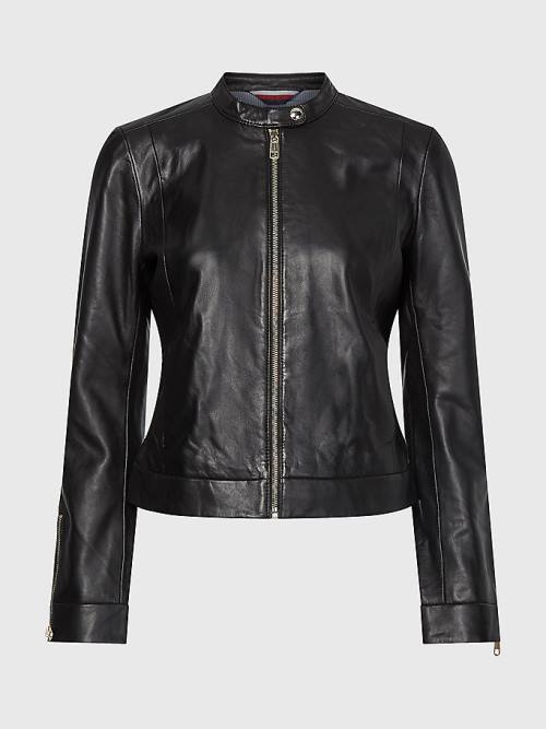 Black Tommy Hilfiger Collarless Leather Women's Jackets | TH842FGR