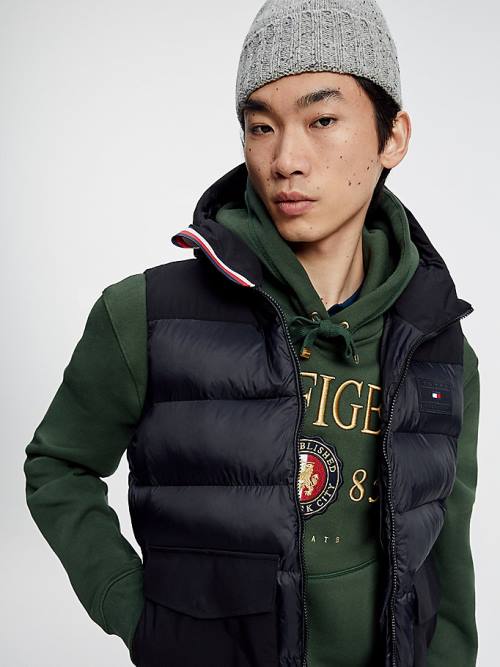 Black Tommy Hilfiger Contrast Fabric Hooded Vest Men's Coats | TH753VRQ