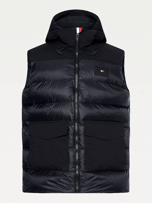 Black Tommy Hilfiger Contrast Fabric Hooded Vest Men's Coats | TH753VRQ