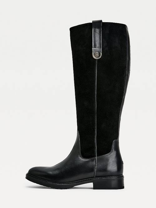 Black Tommy Hilfiger Contrast Texture Suede Long Women's Boots | TH420ERU