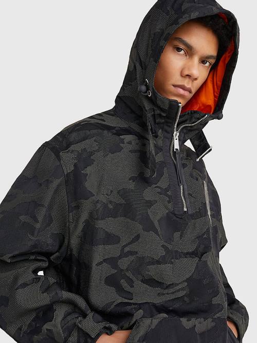 Black Tommy Hilfiger Crest Camo Print Pull-On Hooded Men's Coats | TH579VJA