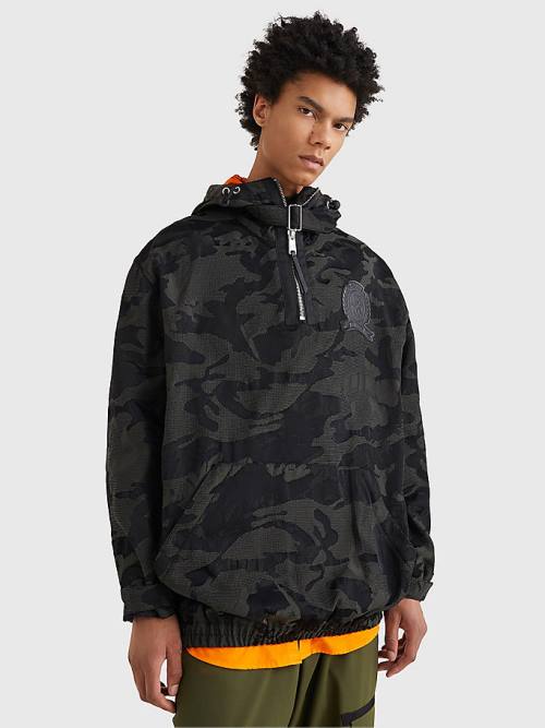 Black Tommy Hilfiger Crest Camo Print Pull-On Hooded Men\'s Coats | TH579VJA