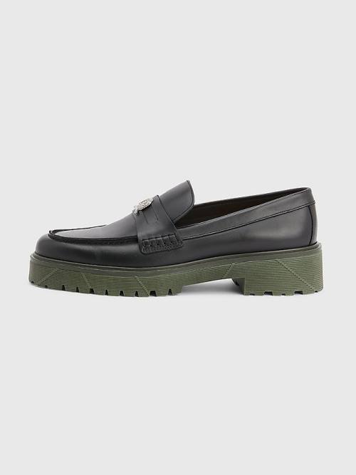 Black Tommy Hilfiger Crest Chunky Leather Loafers Men's Formal Shoes | TH605GLI