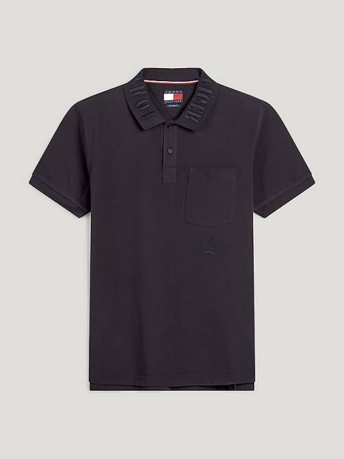 Black Tommy Hilfiger Crest Embroidery Organic Cotton Men's Polo Shirts | TH470TOM