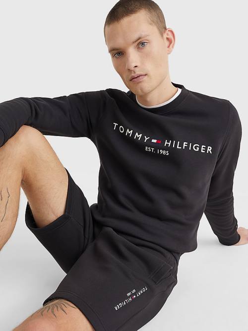 Black Tommy Hilfiger Crew Neck Logo Men's Sweatshirts | TH348YFE