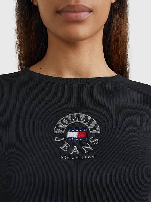 Black Tommy Hilfiger Cropped Logo Embroidery Long Sleeve Women's T Shirts | TH571VPG