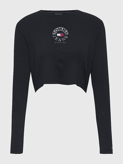 Black Tommy Hilfiger Cropped Logo Embroidery Long Sleeve Women's T Shirts | TH571VPG