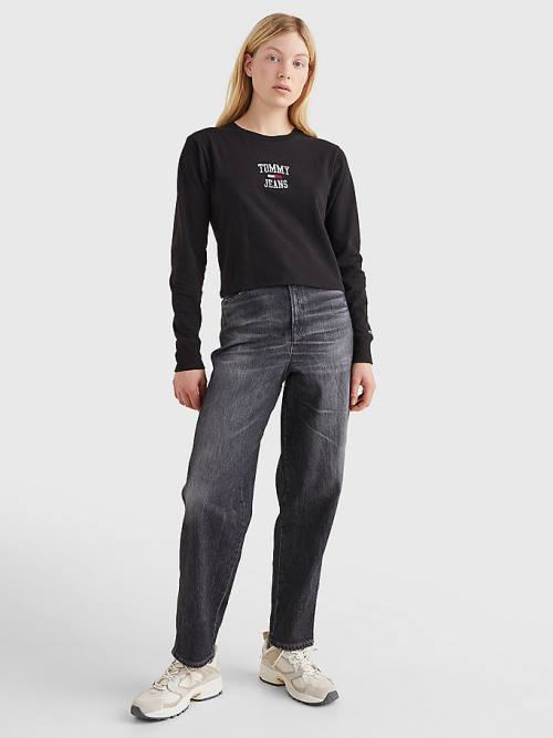 Black Tommy Hilfiger Cropped Logo Long Sleeve Women's T Shirts | TH105NTY