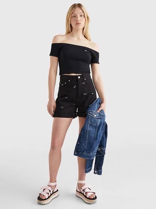 Black Tommy Hilfiger Cropped Off-The-Shoulder Women's T Shirts | TH418JDP