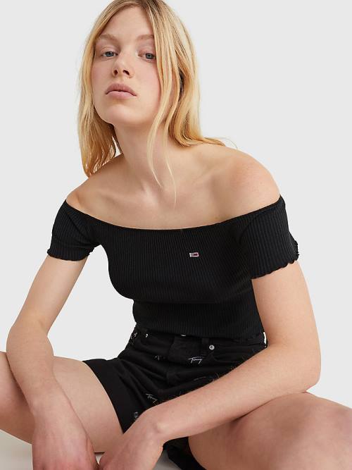 Black Tommy Hilfiger Cropped Off-The-Shoulder Women's T Shirts | TH418JDP