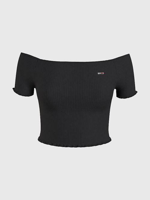 Black Tommy Hilfiger Cropped Off-The-Shoulder Women's T Shirts | TH418JDP