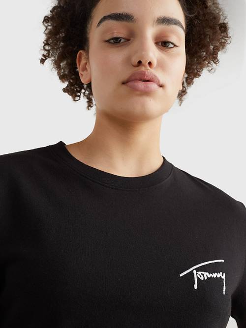 Black Tommy Hilfiger Cropped Signature Logo Women's T Shirts | TH947CFI