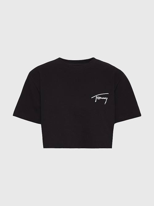 Black Tommy Hilfiger Cropped Signature Logo Women's T Shirts | TH947CFI